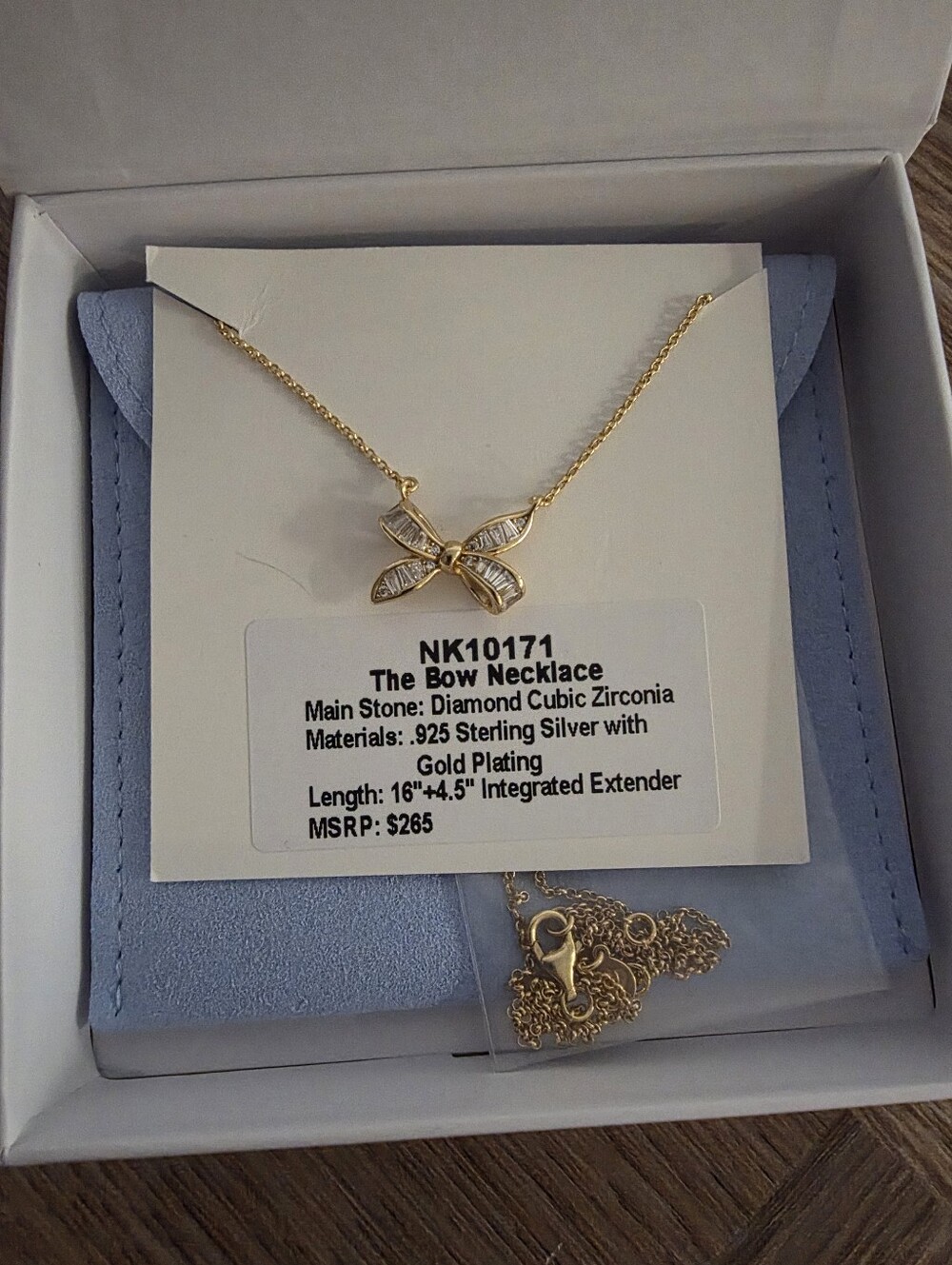 bp Gold Bow Pendant Necklace with Clear Stones